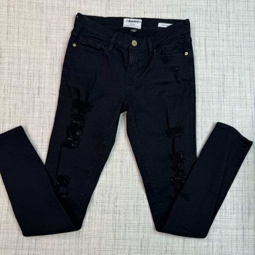 Frame Le‎ Skinny De Jeanne Distressed Ripped Black Jeans Size 26